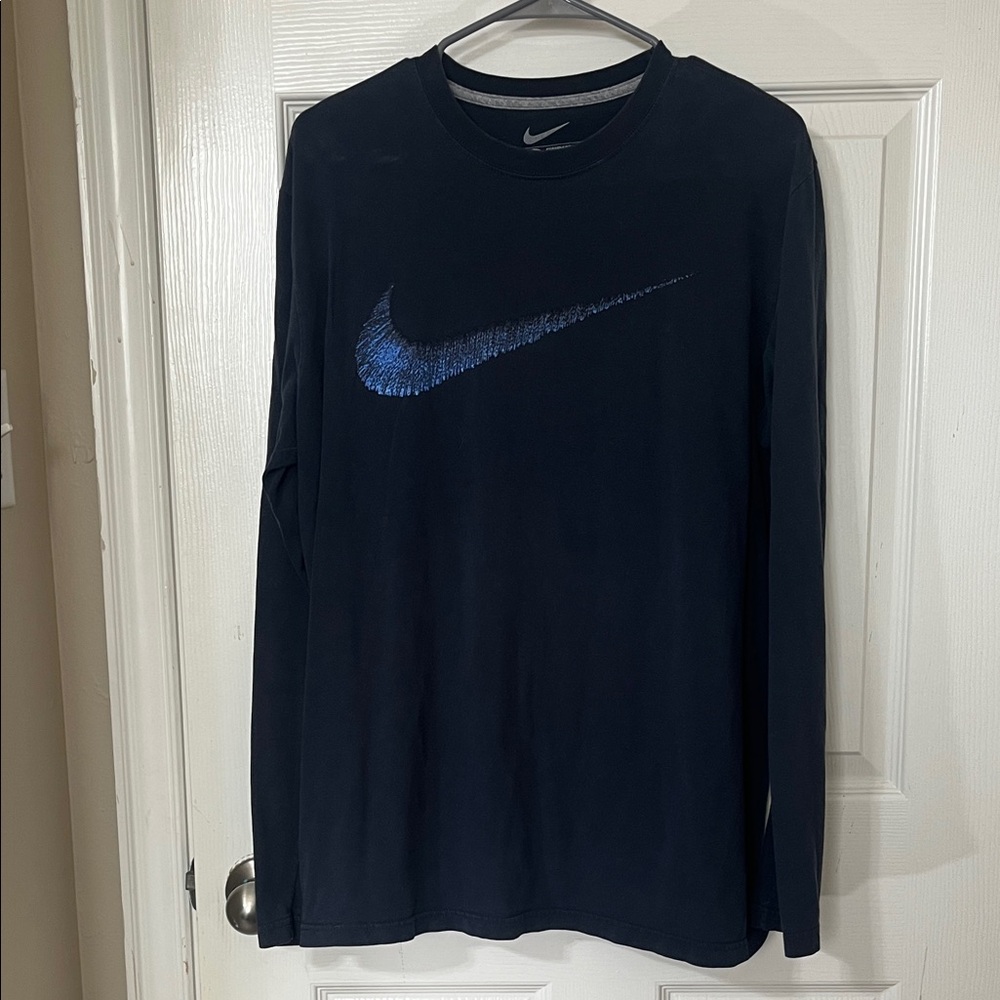 Nike Navy Long Sleeve Shirt with Blue Swoosh Graphic